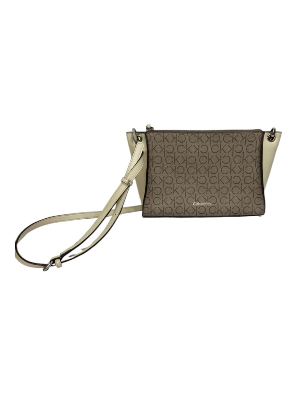 Calvin Klein Monogram Crossbody Bag Cream Taupe Shoulder Purse Handbag EUC